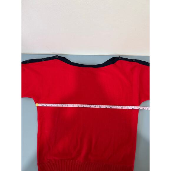Lauren Ralph Lauren cotton knit top size S red with blue trim buttons boatneck - Picture 6 of 7